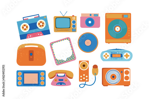 Retro Gadgets: A collection of vintage gadgets, each a nostalgic nod to the past, arranged in a flat lay style, ready to evoke memories and spark creativity. 