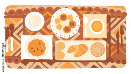 Overhead view of a table setting with various dishes and utensils on a patterned tablecloth design art