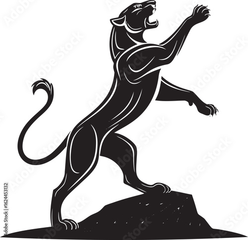 Fierce black panther roaring on rock big cat aggressive