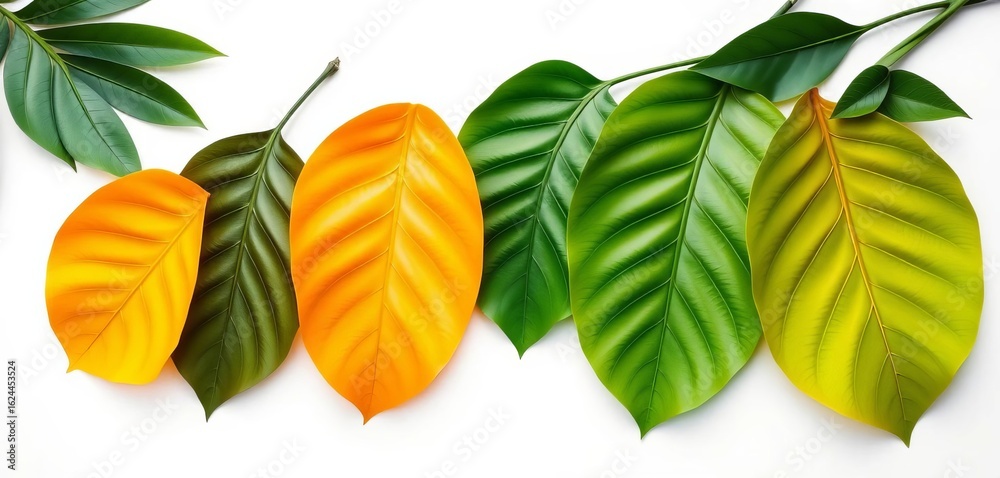Naklejka premium Row of vibrant green paper cut tropical leaves, overhead view on white background, exotic, arrangement
