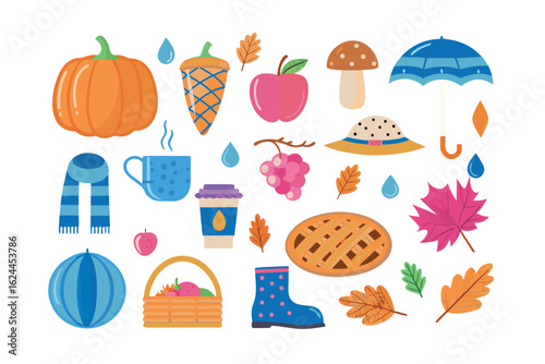 Autumn's Harvest of Delights: Vibrant array of seasonal symbols, from plump pumpkins to cozy scarves. It's a cheerful scene, embracing the essence of fall and nature's bounty.