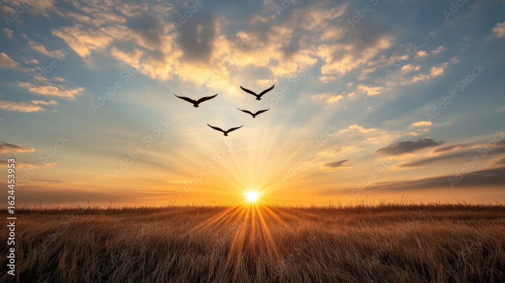 Obraz premium Sunset sky with flying birds creates serene atmosphere over golden grassland