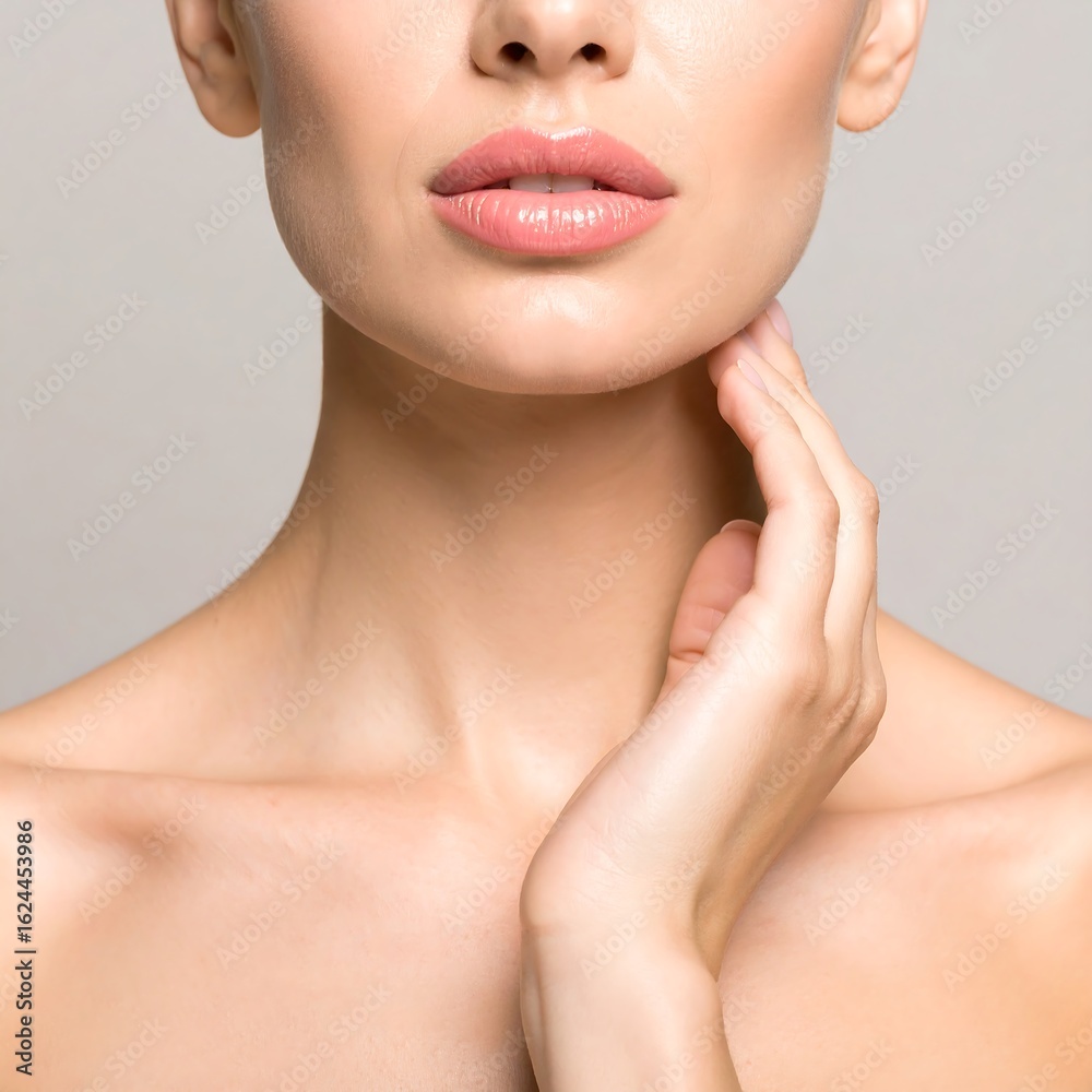 Close-up of a woman's neck, shoulders, and face, showcasing smooth skin and delicate features Close-up of a woman's neck, shoulders, and face, showcasing smooth skin and delicate features