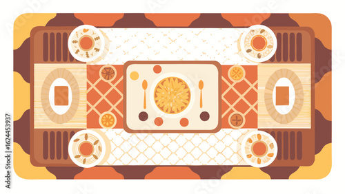 Overhead view of a table setting with plates and a central platter with food items displayed nicely