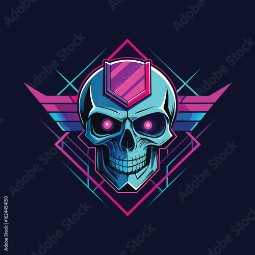 Stylized cyberpunk skull with glowing pink eyes and a metallic helmet, set against a dark background with neon geometric shapes and wings, evoking a futuristic and edgy aesthetic
