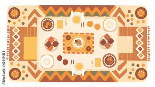 Overhead view of a table set with plates of food and drinks on a patterned tablecloth design art