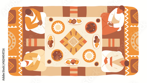 Aerial view of people sitting around a table with food on a patterned rug in warm earth tones
