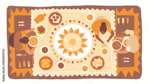 Overhead view of three people sitting around a table laden with food and drinks on a patterned tablecloth