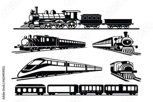 Vintage Train Silhouette Collection: A collection of meticulously crafted vintage train silhouettes, each embodying a different design and era.
