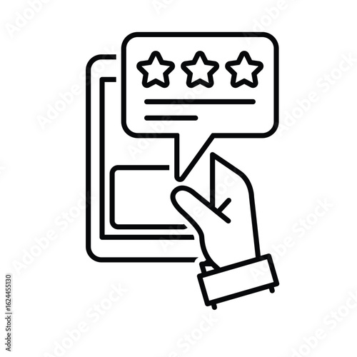 Review icon. E-commerce. Message bubble with stars coming out of a phone in hand. market, sale, buy. outline design style.