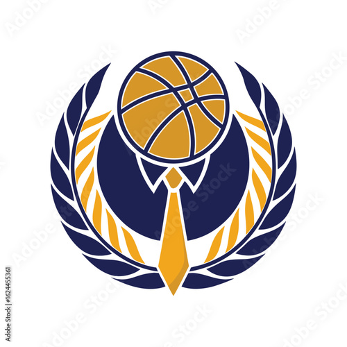 Stylized emblem featuring a basketball at the top, a tie below it, and a laurel wreath encircling them, symbolizing sportsmanship and achievement in basketball