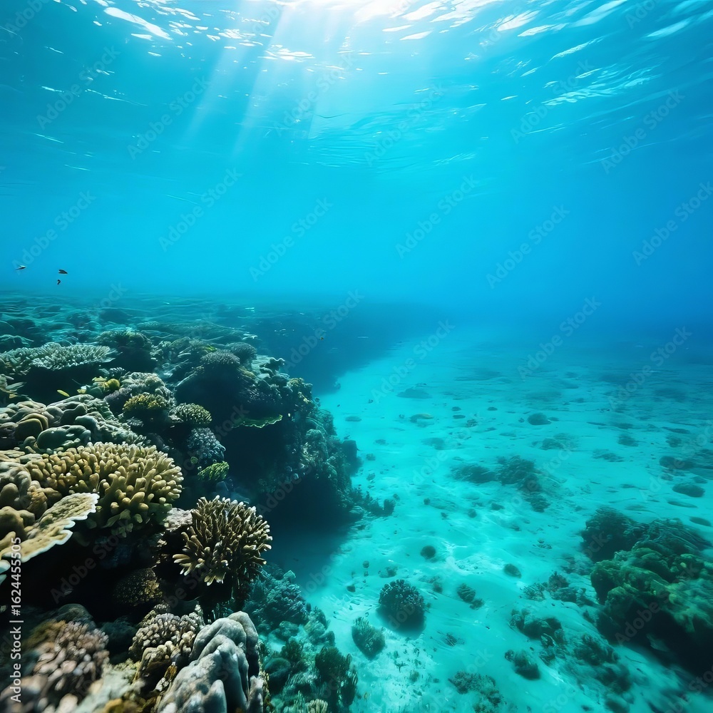 Naklejka premium Underwater View of a Vibrant Coral Reef with Sunlight Filtering Through the Water