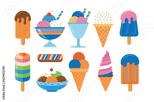 Sweet Temptations: A vibrant assortment of ice cream delights, featuring cones, sundaes, and popsicles, all arranged for visual indulgence. A perfect image to evoke nostalgia and sugary delight.