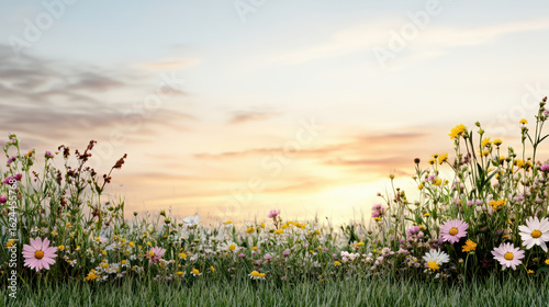 Fototapeta Naklejka Na Ścianę i Meble -  Soft pink sky above wildflower meadow creates serene atmosphere at sunset