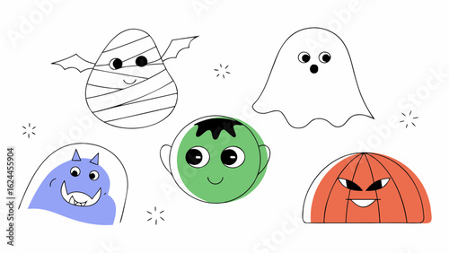 Cute halloween monsters isolated on white background in cartoon style
