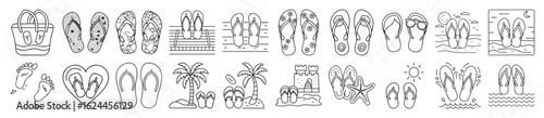 Black and white summer line art featuring beach and flip flop doodles