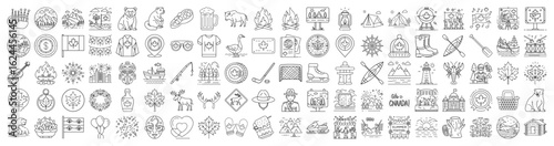 A collection of line art illustrations showcasing Canadian symbols and culture theme