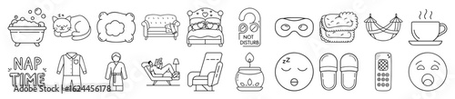 Collection of relaxation and sleepthemed icons in black and white outline style