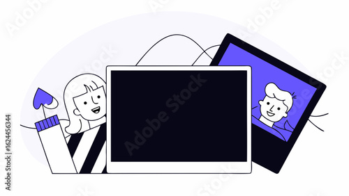 Illustration of a woman and man with photo frames isolated on white background