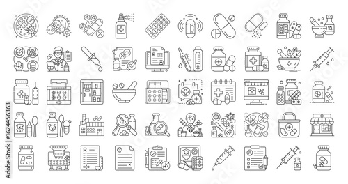 Comprehensive Set of Healthcare and Pharmaceutical Icons in Vector Outline Style