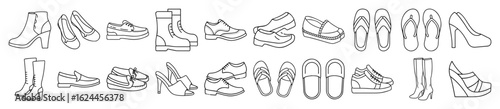 Collection of various types of shoes in line art vector illustration