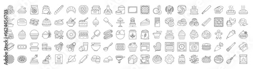 Collection of line art icons for baking and pastry related products and tools