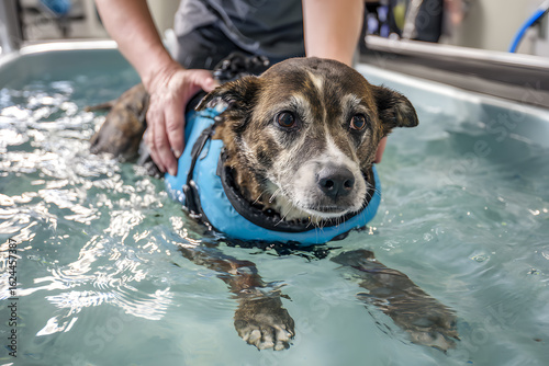 Hydrotherapy for Injured Dog, Rehabilitation Session, swimming in a hydrotherapy pool, compassionate animal healing. veterinary treatment, animal rehabilitation