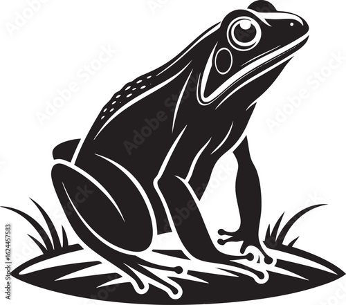 Stylized black frog on grassy mound amphibian white