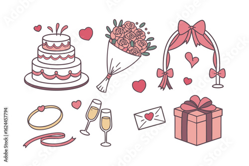 Wedding Celebration Elements: A curated collection of charming and elegant wedding essentials, presented in a clean, photorealistic, and endearing visual style.