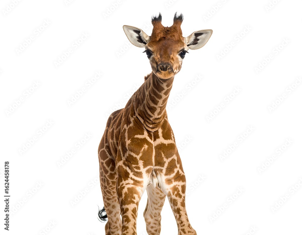 Fototapeta premium Close-up of a young giraffe, facing forward against a white background