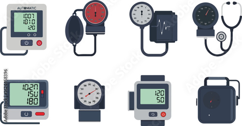Blood pressure monitors and stethoscope illustrations