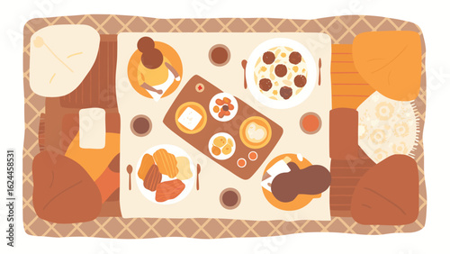 Overhead view of a dining table with four people and various dishes and drinks arranged around the table
