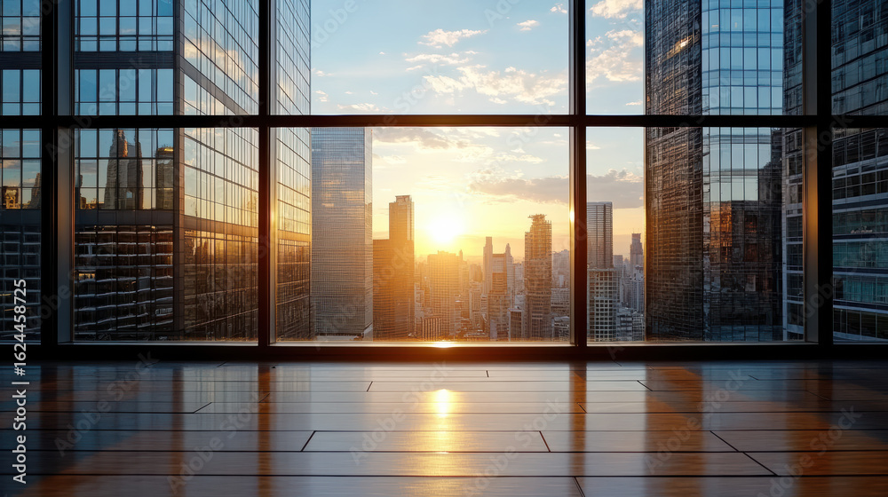 Fototapeta premium Sunrise illuminating high rise buildings through large glass windows creates serene atmosphere