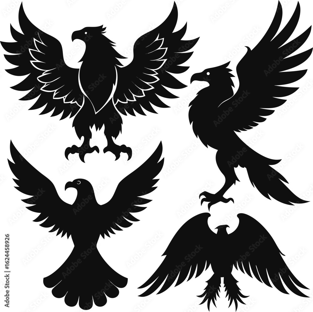 Obraz premium Black vector silhouettes of flying eagles with outstretched wings and detailed feathers are perfect for a tattoo design or icon set
