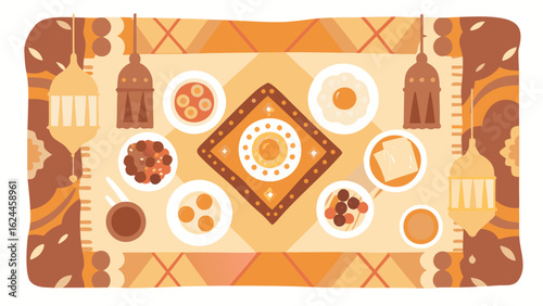 Overhead view of a ramadan iftar table setting with lanterns and various dishes arranged nicely