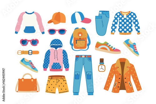 Fashionable Array: An assortment of stylish clothing items artfully arranged in a vibrant illustration. Showcasing a diverse range of garments and accessories.