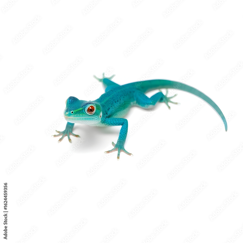 Naklejka premium A vibrant greenish blue lizard with intricate scales and delicate features is centered on a pristine white background