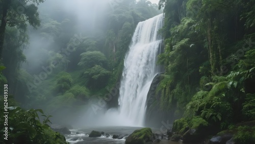 Majestic Waterfall Cascading Through Lush Tropical Forest