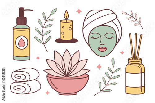 Spa Day Serenity: A tranquil assortment of spa essentials evokes a sense of calm and well-being, featuring a candle, lotions, a face mask, aromatic diffusers, and floral elements.