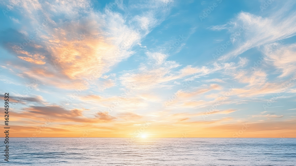 Fototapeta premium Vibrant sunset sky with warm orange and pink tones reflecting on calm ocean waves