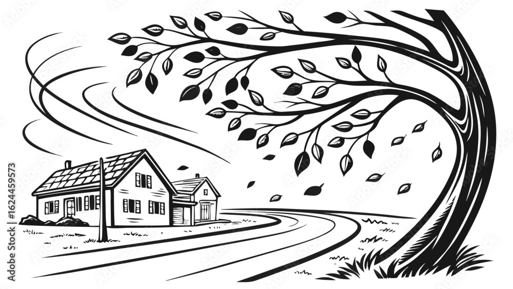 Naklejka premium A whimsical black and white illustration of a house and a tree swaying in the wind, capturing a serene countryside scene.