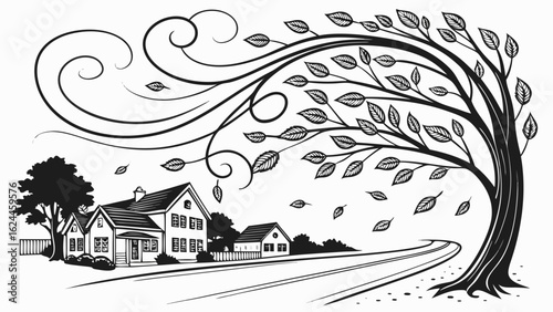 A whimsical black and white illustration of a house with a flowing tree, conveying a sense of movement and tranquility.