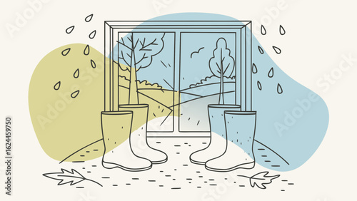 Illustration of rubber boots by a window, showcasing trees growing inside, symbolizing nature and growth.