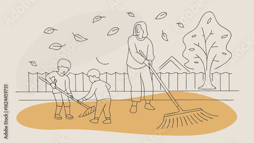 A woman guides two young boys, engaged in raking leaves in a cozy autumn setting.