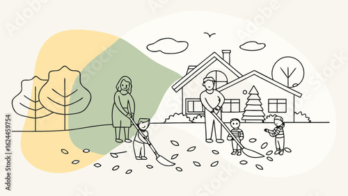 A diverse family working together outside, raking leaves in a backyard, fostering teamwork and connection.