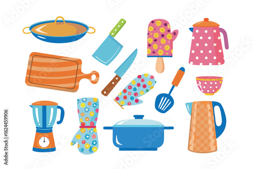 Colorful Culinary Collection: A vibrant, illustrated assortment of essential kitchen tools, showcasing a diverse array of cookware and utensils. Perfect for culinary enthusiasts and creative projects.