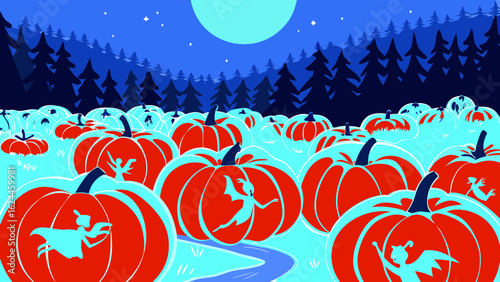 A whimsical Halloween scene featuring glowing pumpkins with fairy silhouettes under a full moon.