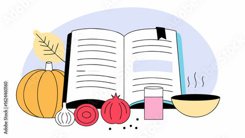A colorful, illustrated scene featuring a recipe book amidst fresh ingredients like pumpkin, garlic, and pomegranate.