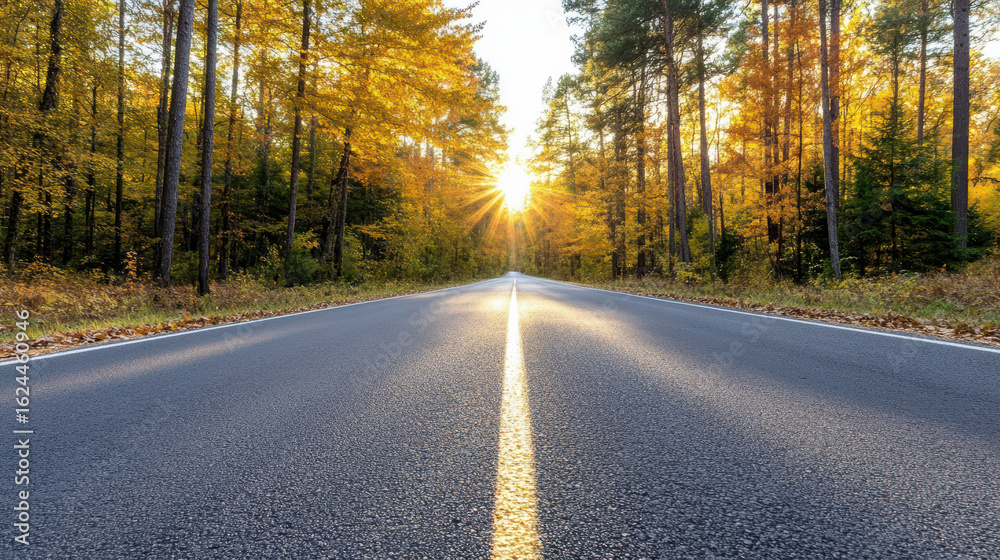 Fototapeta premium Serene road surrounded by vibrant autumn trees, illuminated by warm glow of setting sun