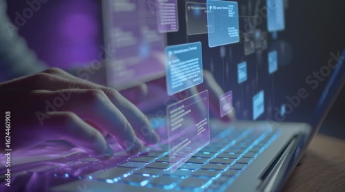 A seamless animation showing fingers interacting with a holographic messaging UI, featuring floating AI conversation bubbles in a futuristic digital interface.